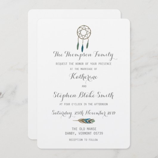 ドリームキャッチャー手描き水彩白結婚ズ 招待状 (正面/裏面)