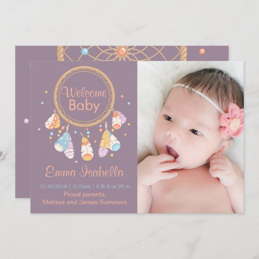 ドリームキャッチャー生まれたばかりの新生児誕生のお知らせ3 案内状 (正面/裏面)