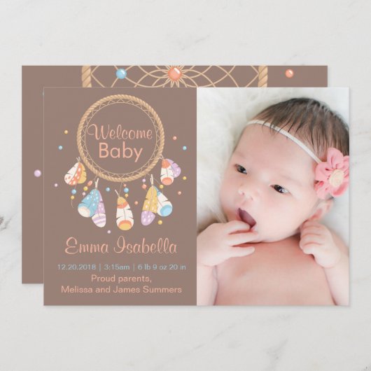 ドリームキャッチャー生まれたばかりの新生児誕生発表2 案内状 (正面/裏面)