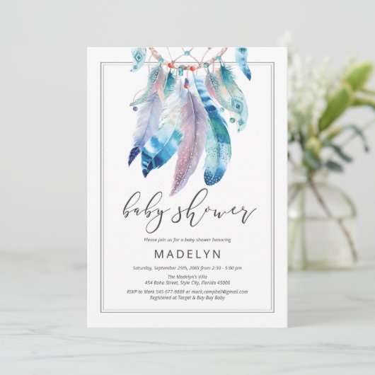 ドリームキャッチャー赤ちゃんシャワーボー男女兼用ホ 招待状 (スタンド正面)