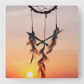 ドリームキャッチャー、サンセット、ヨガ、インディアンアミュレット、オレンジ、 スクエア壁時計 (正面)