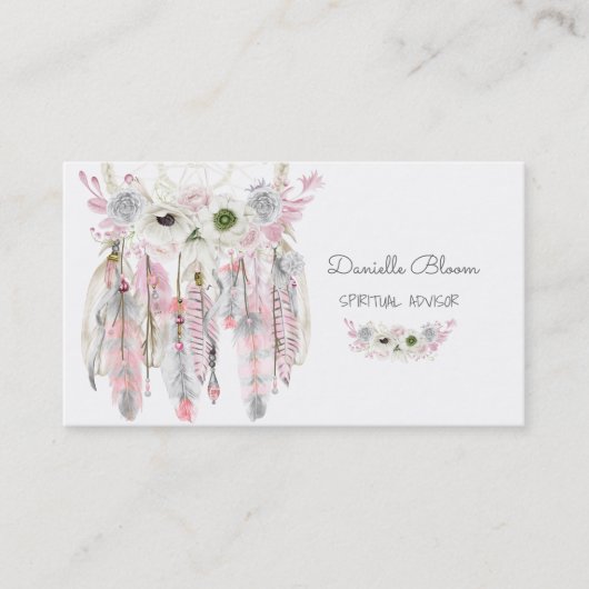 ドリームキャッチャーBohoアローズ羽毛ピンクグレー 名刺 (正面)