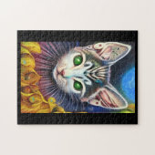 ドリームキャットグリーンの目ファンタジー黄金の羽 ジグソーパズル (横)