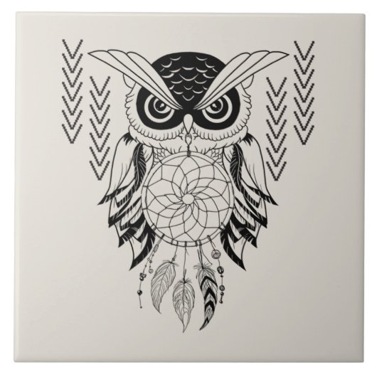 ドリームキャッ図解入りの、写真付きのチャ付きフクロウ タイル (正面)