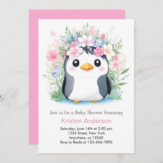 ドリームスケープ水彩ガールペンギン赤ちゃんシャワー 招待状 (正面/裏面)