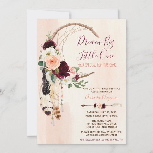 ドリームビッグピーチ&ブルガンディボホファースト誕生日 招待状 (正面)