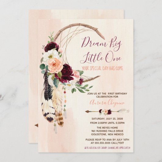 ドリームビッグピーチ&ブルガンディボホファースト誕生日 招待状 (正面/裏面)