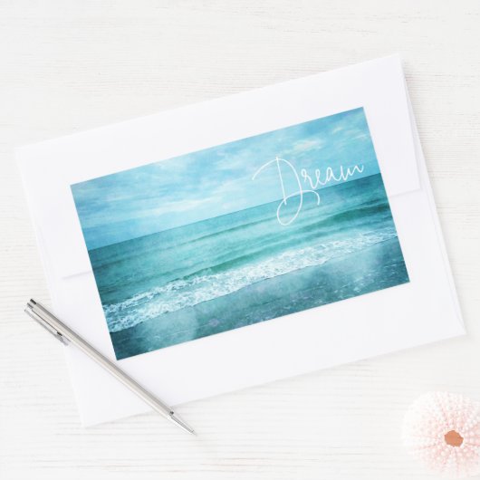 ドリームビーチ引用文ティール（緑がかった色）ブルー海引用文 長方形シール (封筒)