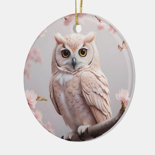 ドリームピンクさくらんぼフクロウ セラミックオーナメント (左)