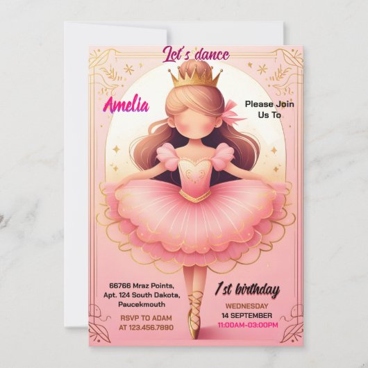 ドリームピンクのトゥチュシックな女の子バレリーナ1st誕生日 招待状 (正面)