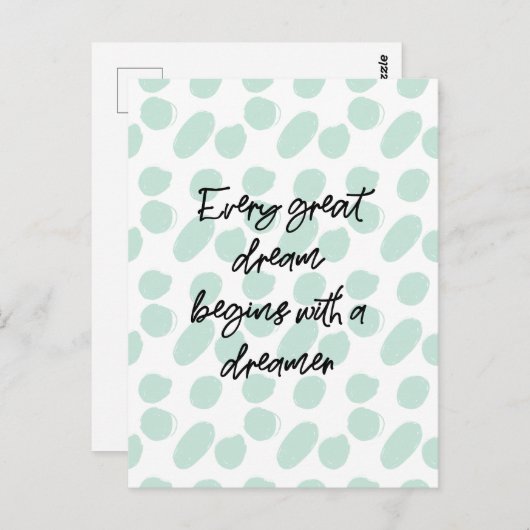 ドリーム感動的引用文ティール(緑がかった色)水玉模様シック ポストカード (正面/裏面)