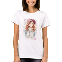 ドリーム&ブルーム 水彩ガールアート 女性用フィットTシャツ