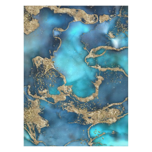 ドリーム·ブルー·ティール（緑がかった色）と金ゴールド テーブルクロス (正面)