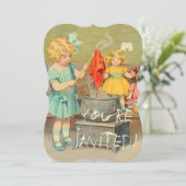 ドリーランドリー女の子のヴィンテージ遊の人形かわいい 招待状 (スタンド正面)