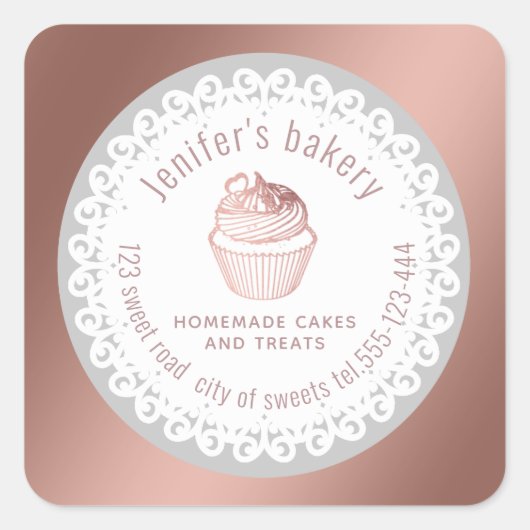 ドリーレースバラ金ゴールド自家製カップケーキとお菓子 スクエアシール (正面)