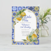 ドルチェヴィタイタリアンブルー金ゴールドタイルレモン誕生日 招待状 (スタンド正面)