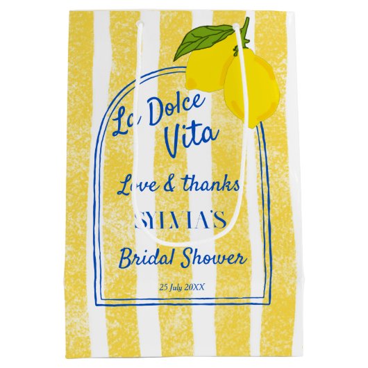 ドルチェヴィータ イエローのストライプ ウェディングシャワーのお favors ミディアムペーパーバッグ (裏面)