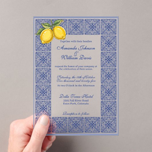 ドルチェ・ヴィータ - イタリアンタイルとレモンの結婚式 アクリル招待状 (インサイチュ (ポータブル))