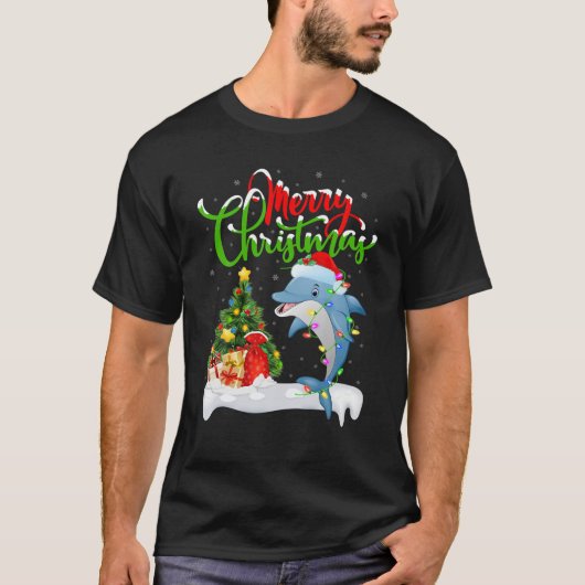 ドルフィンおもしろいフィッシュ恋人クリスマス照明ドルフィンChr Tシャツ (正面)