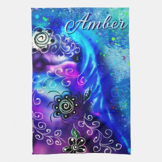 ドルフィンお洒落ブルーティール（緑がかった色）沿岸航海の キッチンタオル (縦)