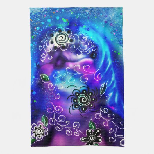 ドルフィンお洒落ブルーティール（緑がかった色）沿岸航海の キッチンタオル (縦)