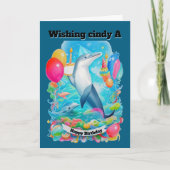 ドルフィンガーニングバースデーハットのケーキ誕生日を保持 カード (正面)