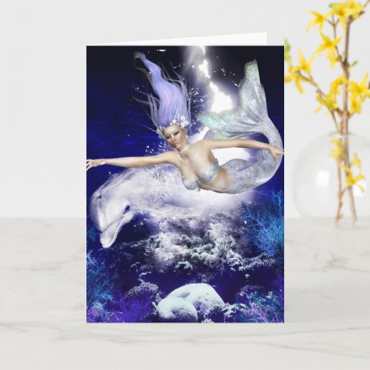 ドルフィングリーティングカード付きマーメイド カード (黄色い花)