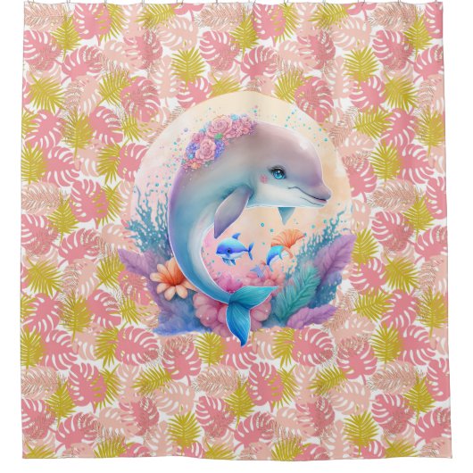 ドルフィンシャワーカーテン付きピンクの熱帯 シャワーカーテン (正面)