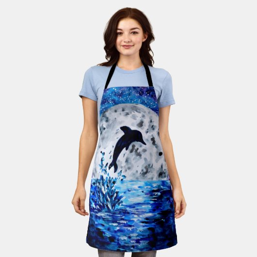 ドルフィンシルエット海と月 エプロン (着用した状態)