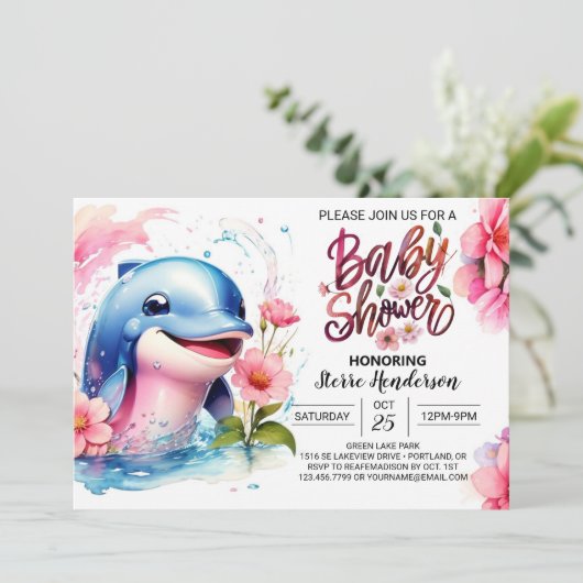 ドルフィンズガールベイビーシャワーのダンス 招待状 (スタンド正面)