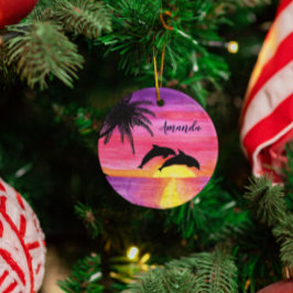 ドルフィンズトロピカルサンセットパーソナライズされたオーナメント メタルオーナメント