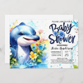 ドルフィンダンス深いブルーボーイベビーシャワー 招待状 (正面/裏面)