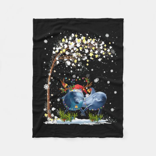ドルフィントナディアハットサンタクリスマスツリーおもしろいXm フリースブランケット (正面)