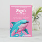 ドルフィンピンクティール(緑がかった色)ブルーサマービーチプール誕生日 招待状 (スタンド正面)