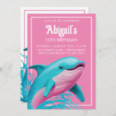 ドルフィンピンクティール(緑がかった色)ブルーサマービーチプール誕生日 招待状 (正面/裏面)