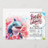 ドルフィンファンタジーピンクガールズベビーシャワー 招待状 (正面/裏面)