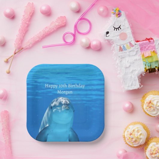 ドルフィンブルー海ハッピーバースデー名エージ ペーパープレート (パーティー)