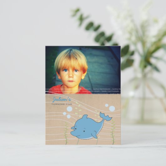 ドルフィンプールバースデーパーティー招待状ポストカード インビテーションポストカード (スタンド正面)