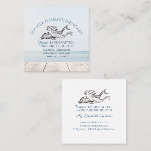 ドルフィンマーメイドロゴ手作りスキンケオーガニックア スクエア名刺 (正面/裏面)