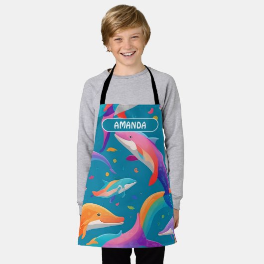 ドルフィンレインボーカラフルパタパーソナライズされたーン エプロン (着用した状態)