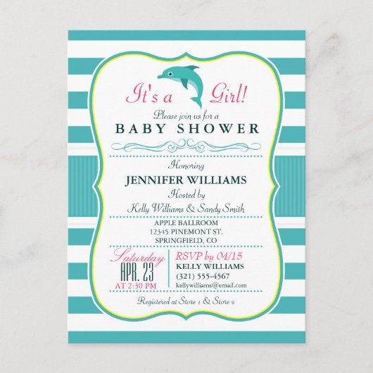 ドルフィン、エレガントテーマ航海のベビーシャワー インビテーションポストカード (正面)