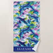ドルフ鮮やかィンズブルーパーソナライズされたウェーブ ビーチタオル (正面)