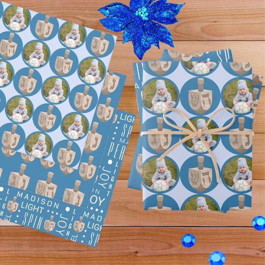 ドレイデル素朴オークかわいい青い写真ハヌカー ラッピングペーパーシート