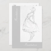 ドレエレガントスの女性の鉛筆スケッチ 招待状 (正面/裏面)