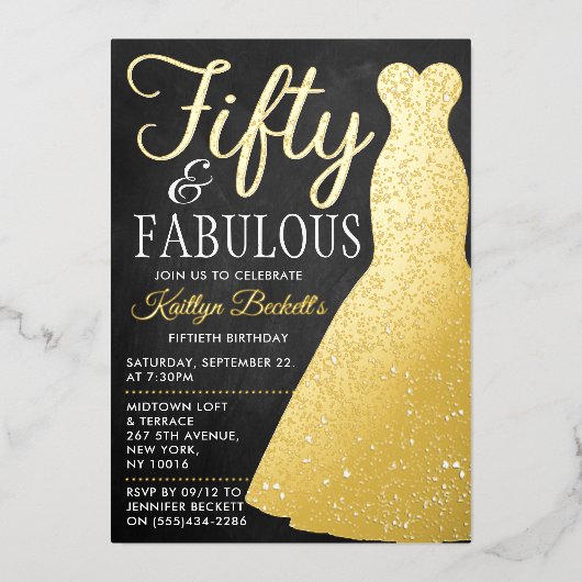 ドレエレガントススタイリッシュ |フィフティ&ファブラス誕生日 箔招待状 (正面)