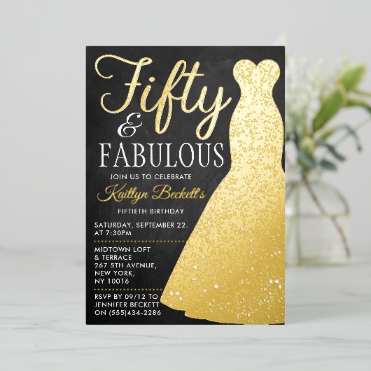 ドレエレガントススタイリッシュ |フィフティ&ファブラス誕生日 箔招待状 (立ち正面)