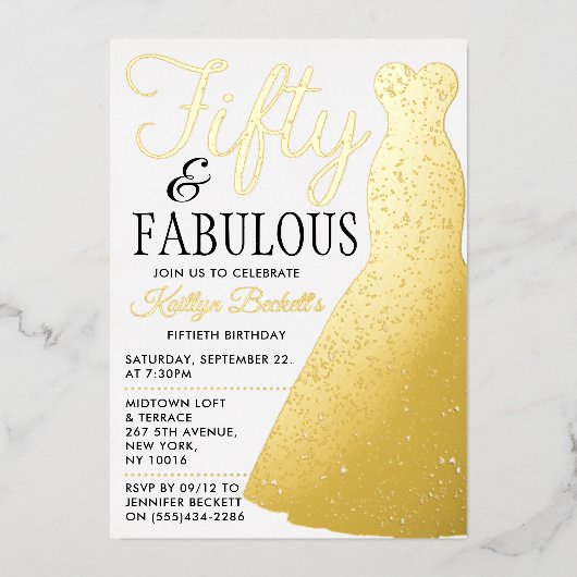 ドレエレガントススタイリッシュ |フィフティ&ファブラス誕生日 箔招待状 (正面)