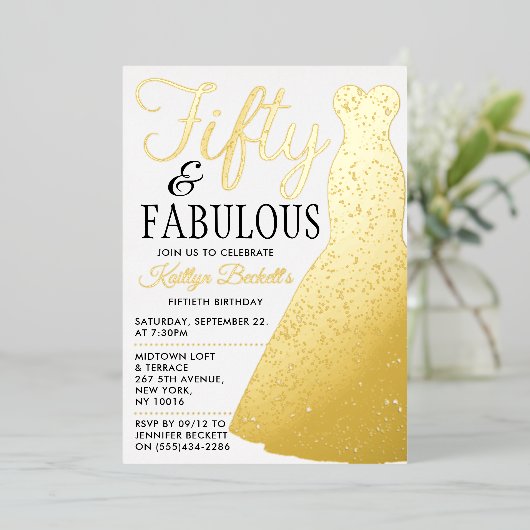 ドレエレガントススタイリッシュ |フィフティ&ファブラス誕生日 箔招待状 (立ち正面)
