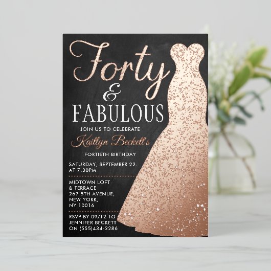 ドレエレガントススタイリッシュ |フォーティ&ファブラス誕生日 箔招待状 (立ち正面)