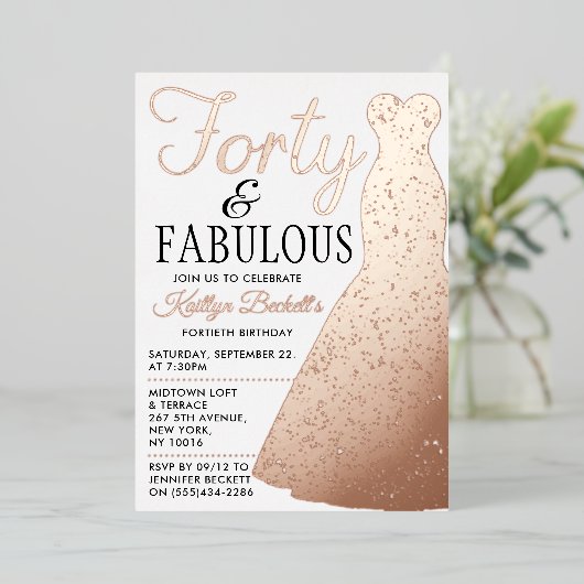 ドレエレガントススタイリッシュ |フォーティ&ファブラス誕生日 箔招待状 (立ち正面)
